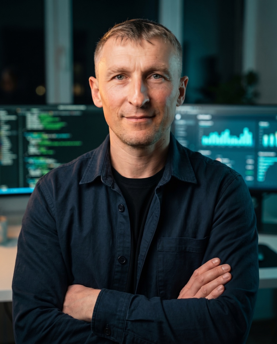 Maksym Smovziuk, arms crossed, in a night-time office with code on the monitors behind